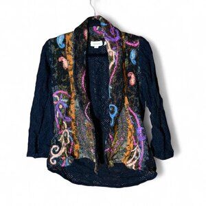 Venario Wool Colorful Embroidered Floral Open Cardigan Size Medium Black